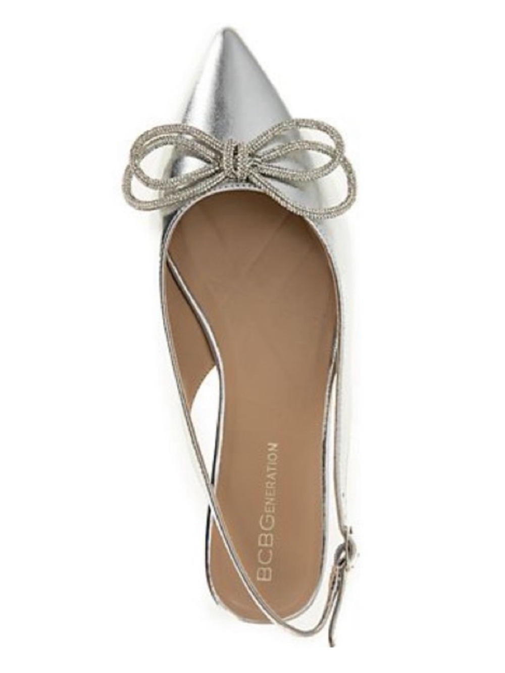 BCBGeneration Metallic Silver Pointed Slingback Flats with Rhinestone Bow